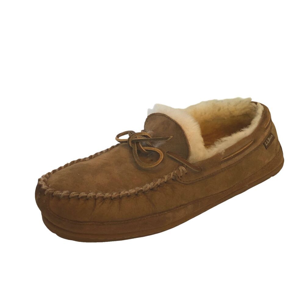 LL Bean Men Size 13 Brown Suede Wicked Good Shearling Slip On Moccasins Slippers